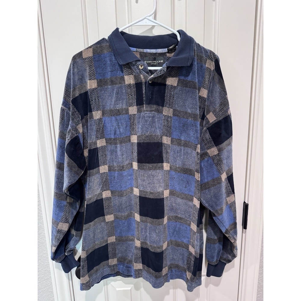 VTG Velour Shirt Polo Collared Men's Large Plaid Geometric Blue 90s Retro Grunge